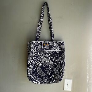 Vera Bradley Tote Bag Navy Blue Quilted Floral Birds Shoulder Bag Purse